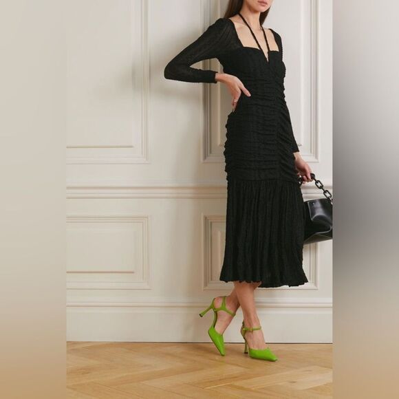 Ganni Midi Black Dress Ruched Stretch-Cloqué Size 10 - Picture 6 of 17